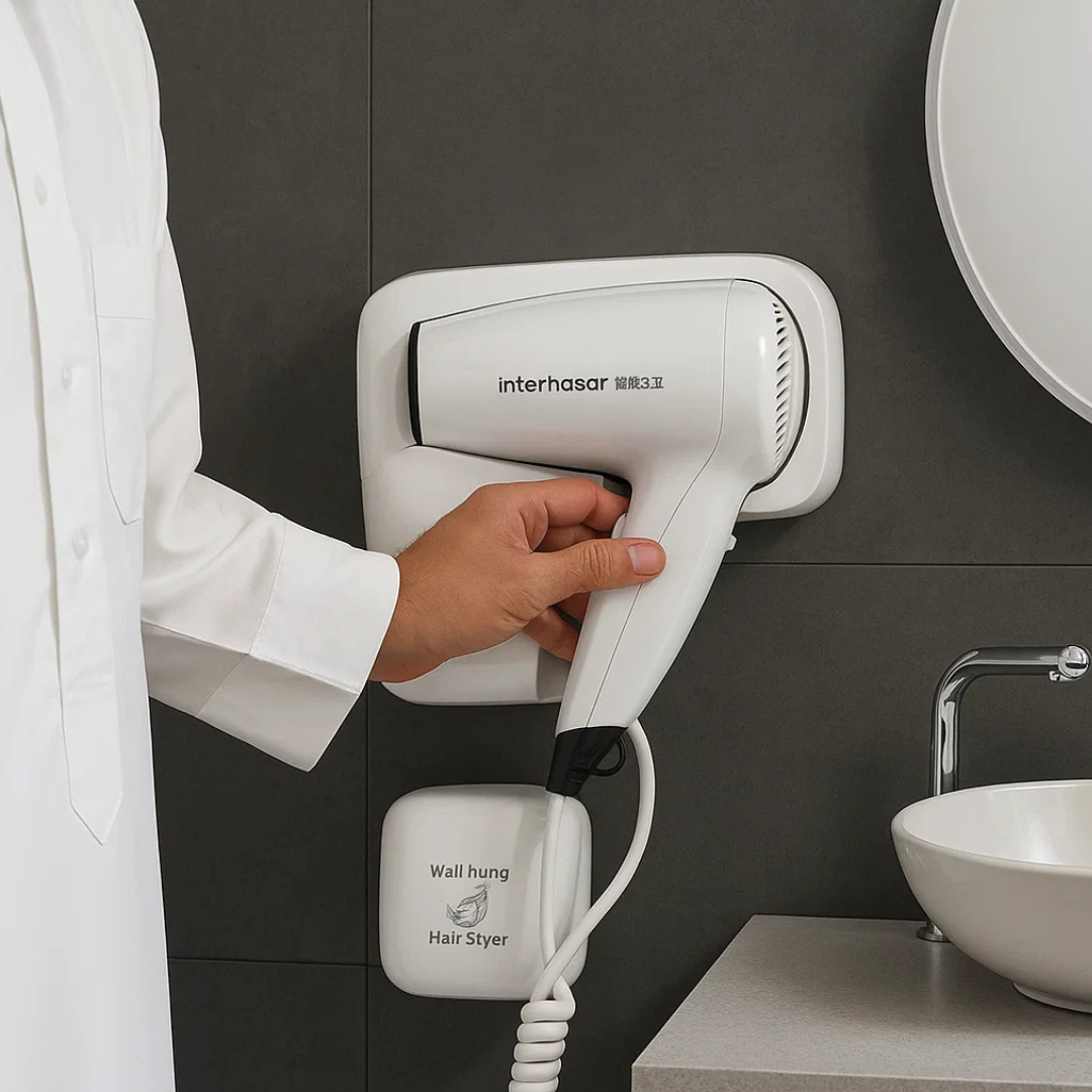 مجفف شعر جداري للاستخدام المنزلي - بقوة هواء عالية لتجفيف سريع وفعّال، تصميم عملي وأنيق يناسب جميع الحمامات، يوفر لك تجربة تصفيف مثالية